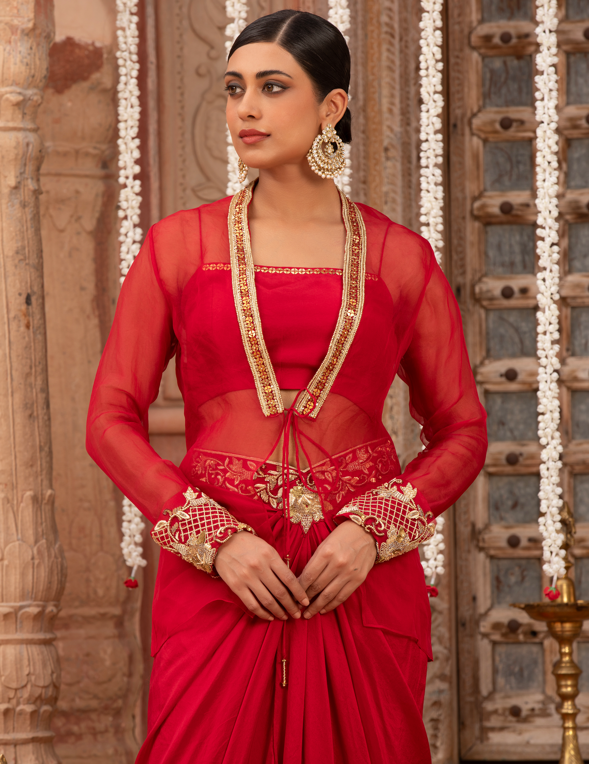 Scarlet Red Rococco Motif Jacket-Croptop & Drape Skirt Set