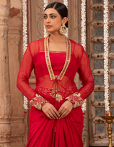 Scarlet Red Rococco Motif Jacket-Croptop & Drape Skirt Set