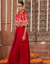 Scarlet Red Scaloop Cape, Bustier & Drape Skirt