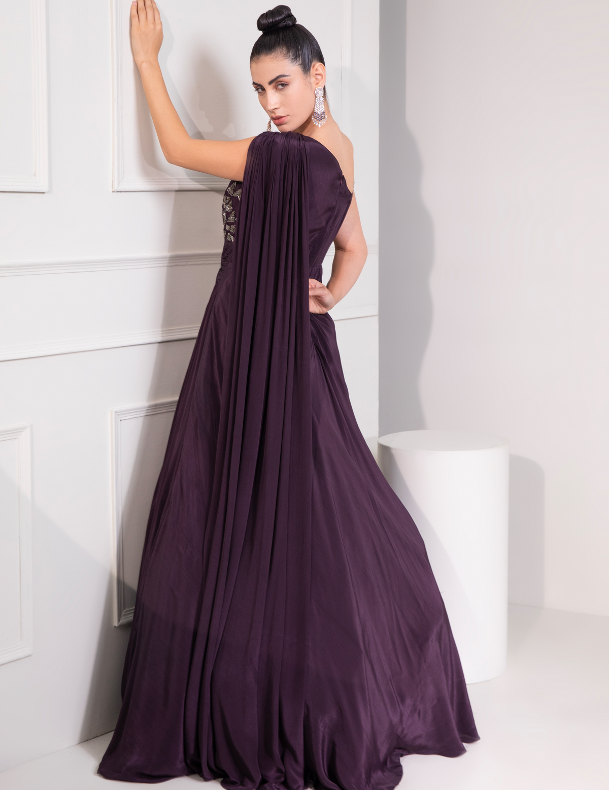 One Shoulder Draped Cocktail Gown Abstract Work