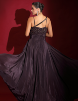 Chocalate Draped Cocktail Gown With Embellished Corset