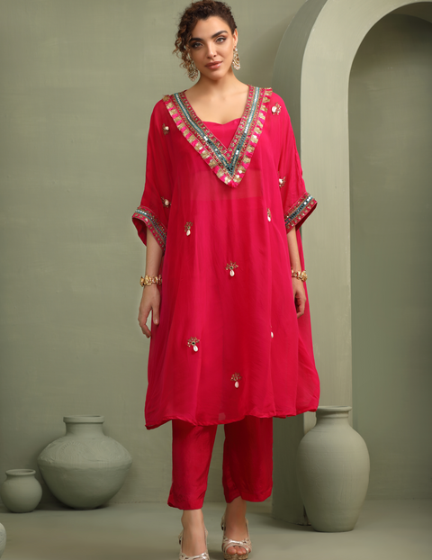Pink Festive Oversized Kaftan-Crop Top,Trouser Set