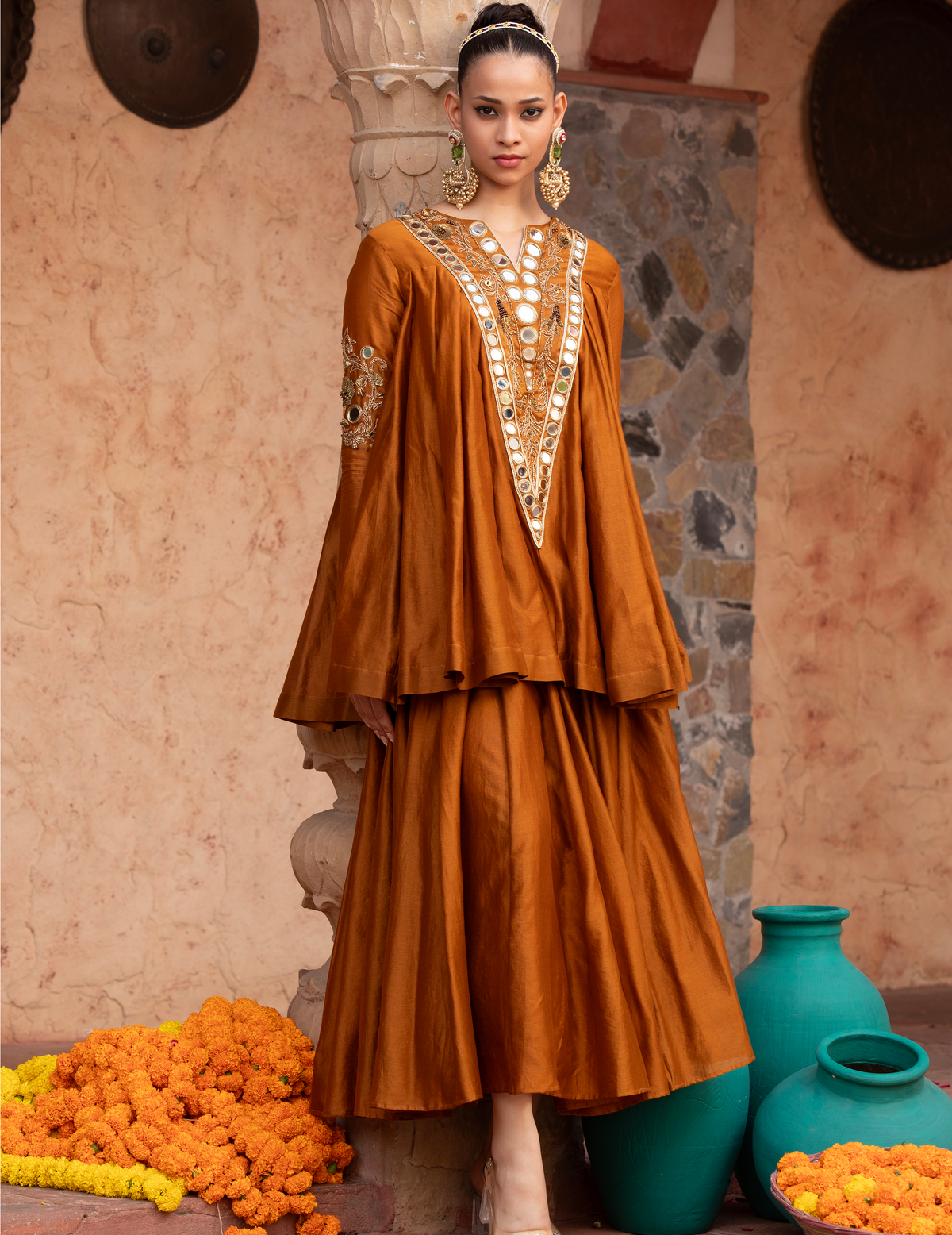 Golden Chanderi Kathiavadi Top & Midi Skirt