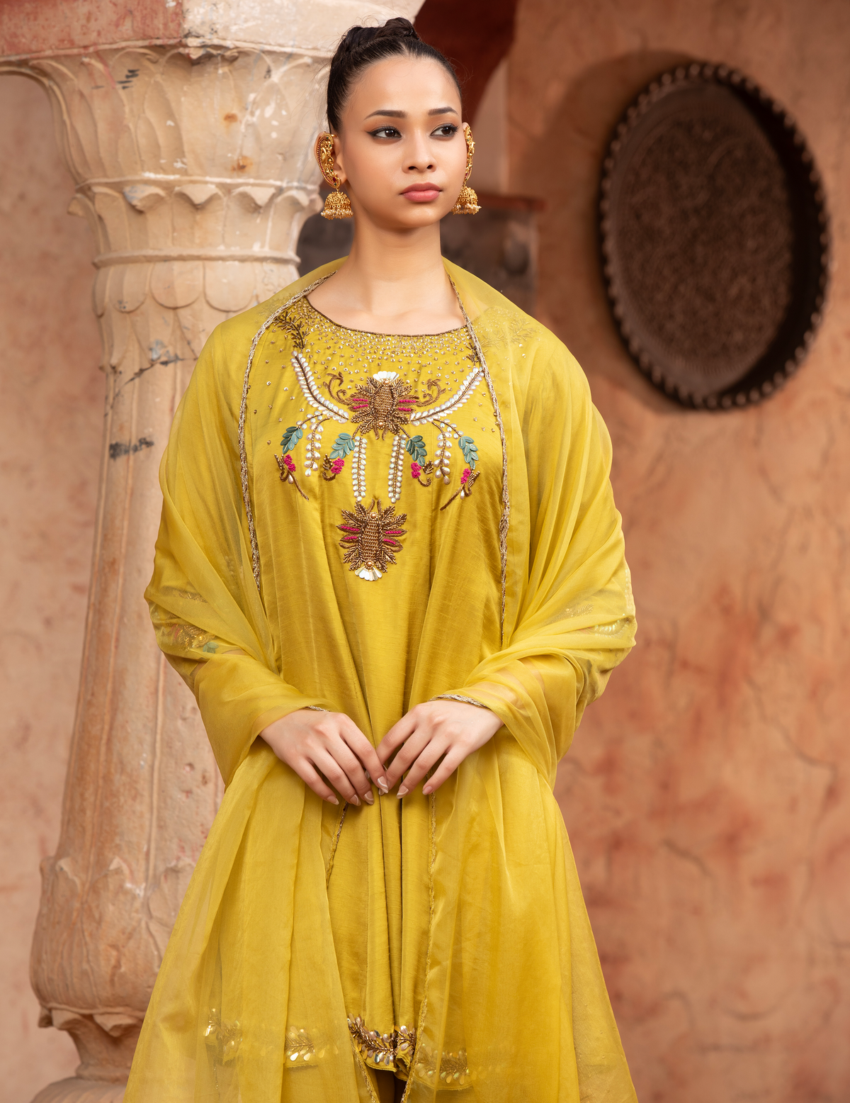 Lime Green Hand-Embellished Anarkali Set