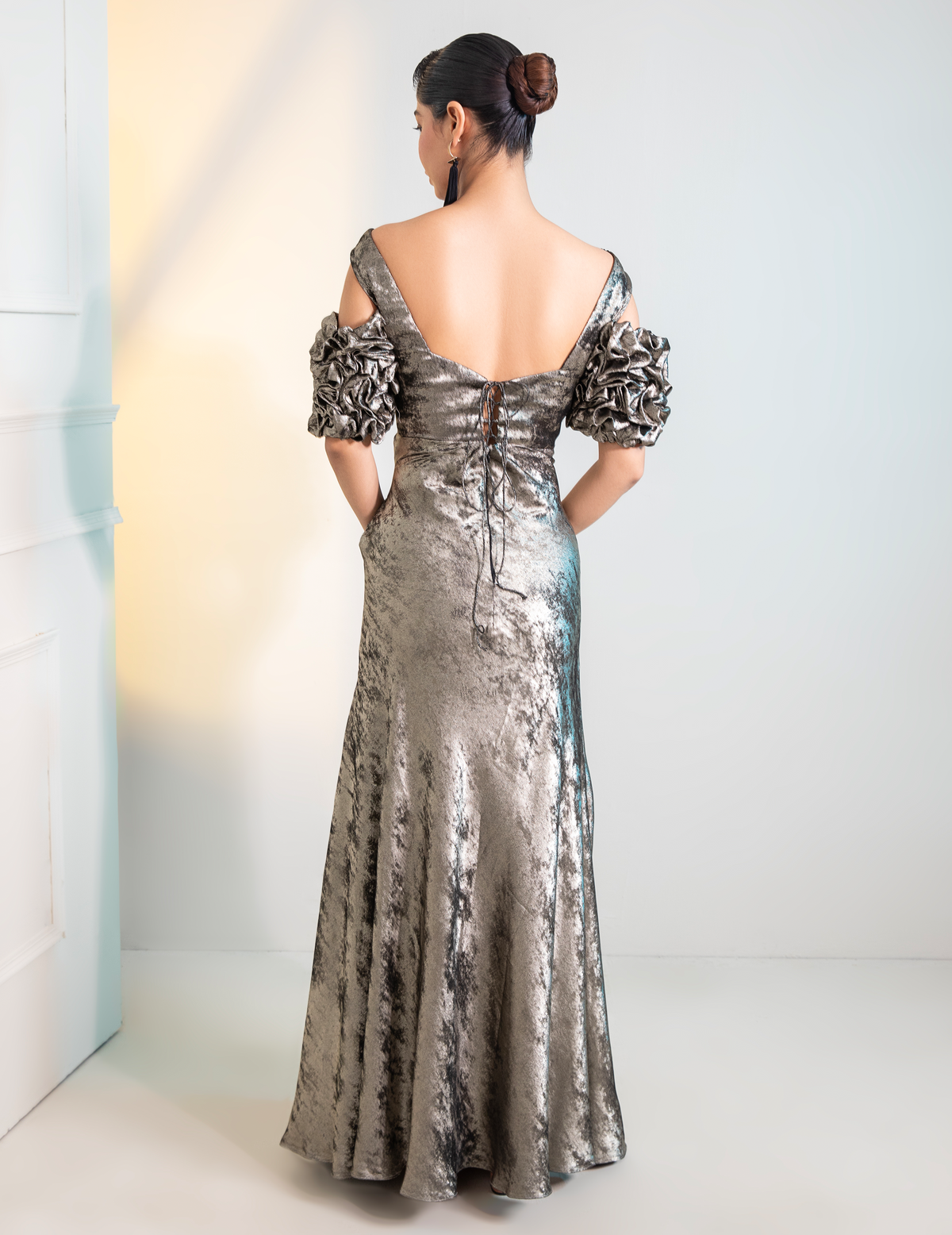 Grey Metalica Ruched Sleeves Cocktail Gown