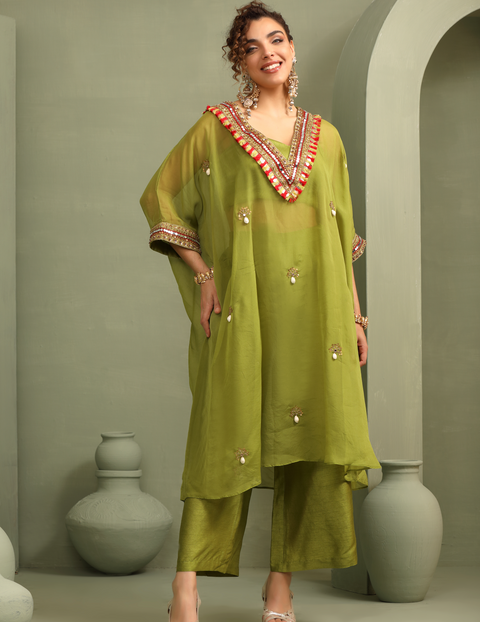 Parrot Green Festive Oversized Kaftan-Crop Top, Trouser Set