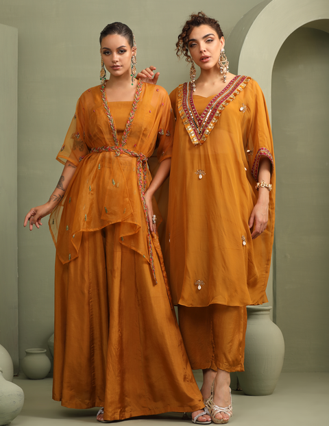 Mustard Festive Oversized Kaftan-Crop Top, Trousers Set