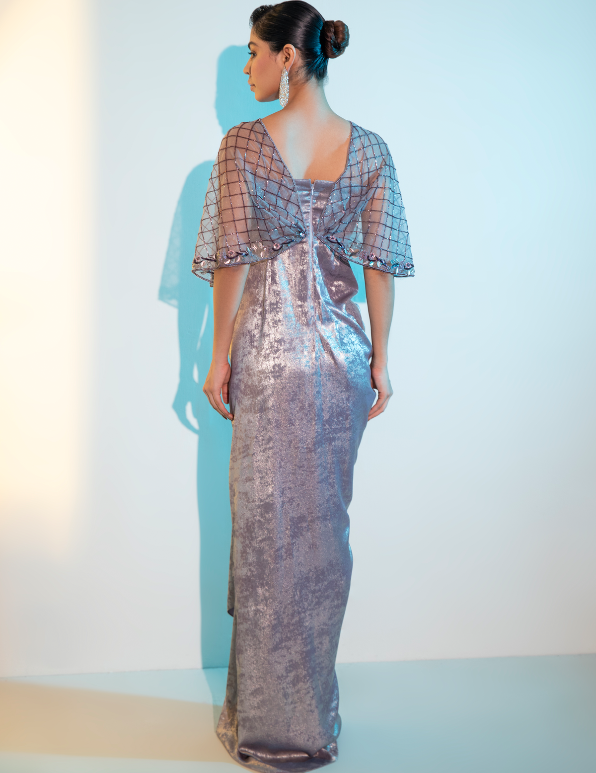 Purple Metalica Embellished Cape Gown