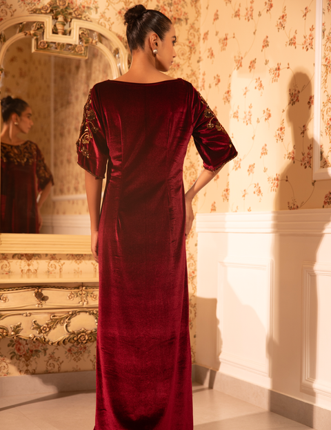 Burgundy Baroque Work Gown With Slit