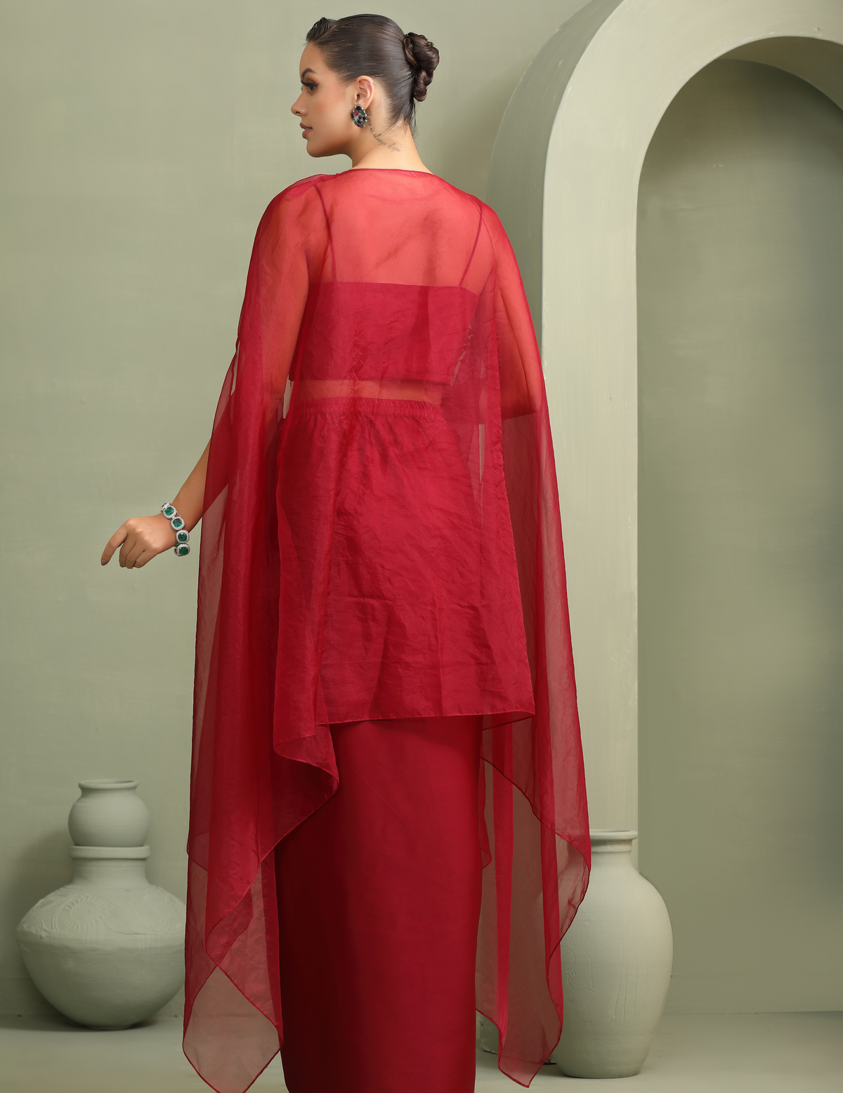 Bloody Mary Abstract Work Crop-Top, Draped Skirt & Embellished Organza Cape