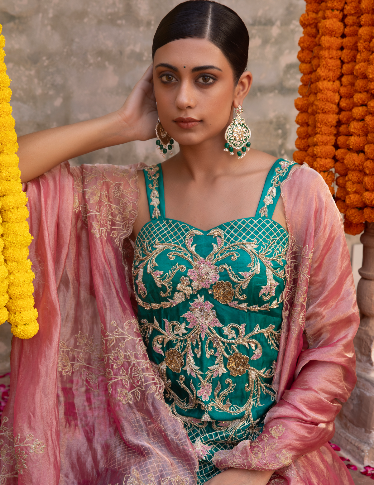 Rama Green Silk Corset Peplum-Lehenga Set
