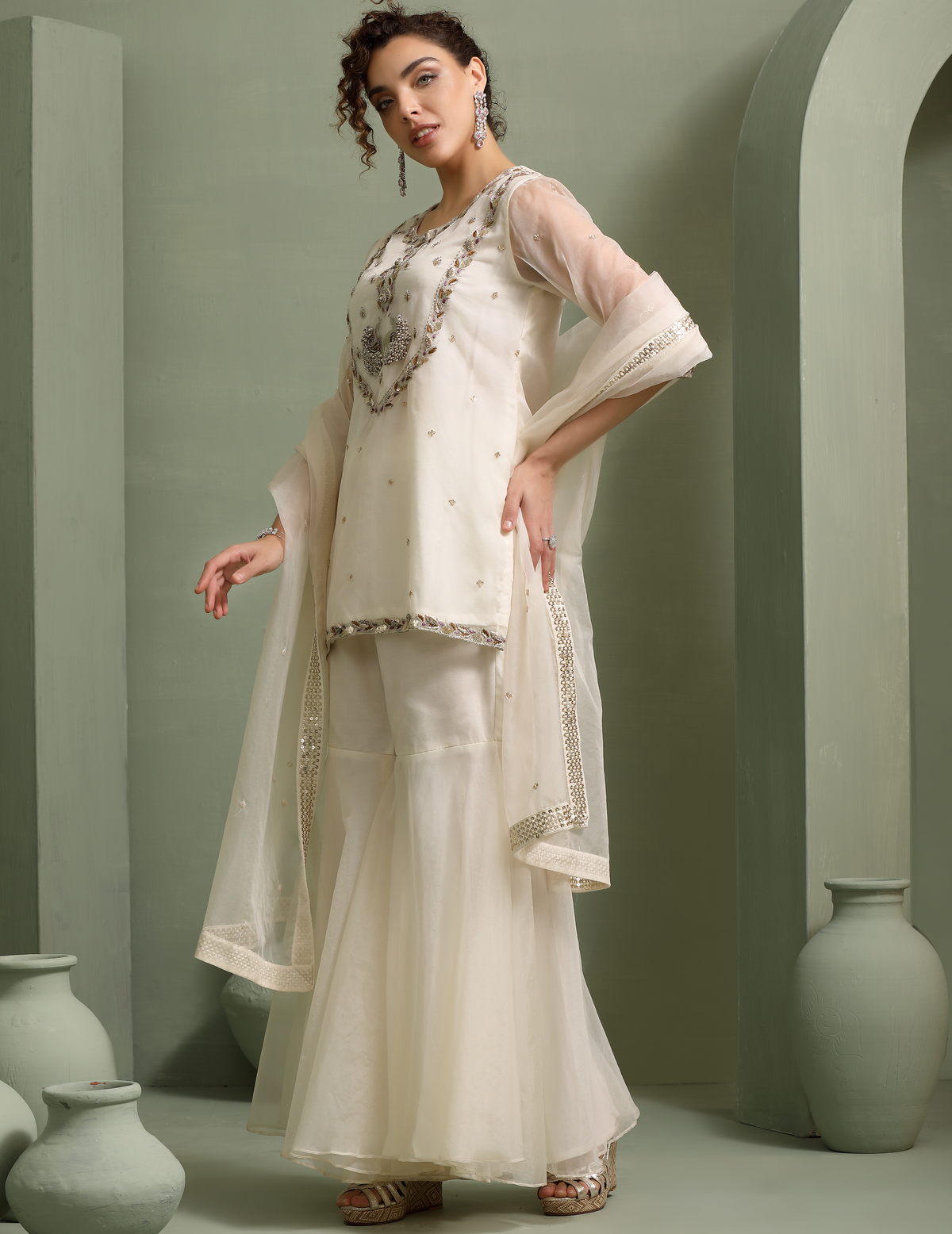 Ivory Peacock Motif Hand-Embellished Short-Kurti, Sharara, Dupatta Indo-Fusion