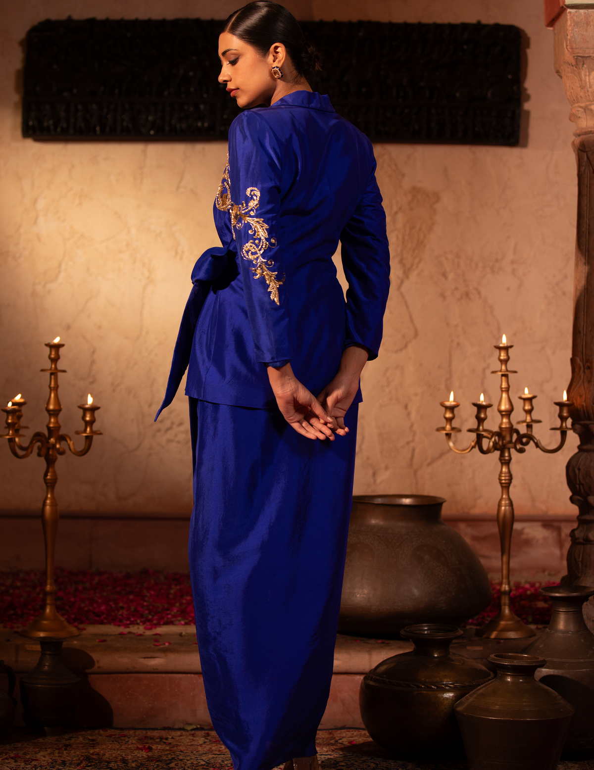 Egyptian Blue Wrap Rococco Blazer With Drape Skirt