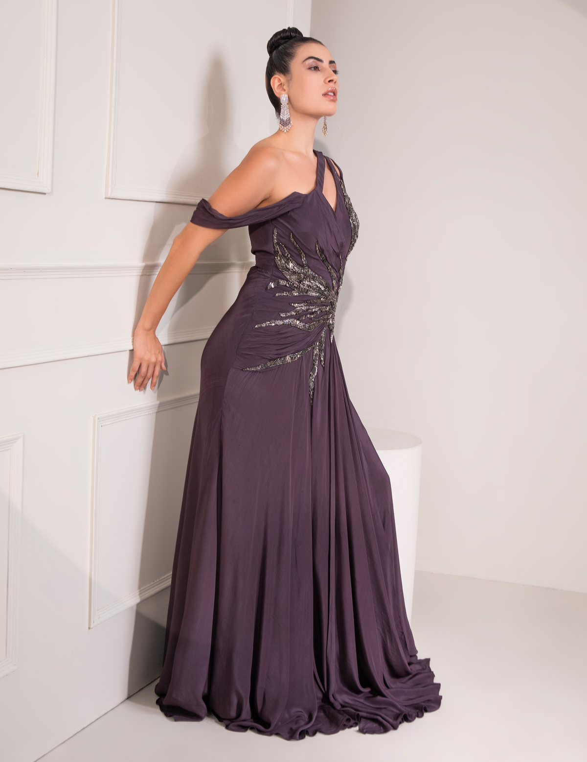 Midnight Plum One Shoulder Gown With Abstract Work