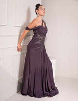 Midnight Plum One Shoulder Gown With Abstract Work
