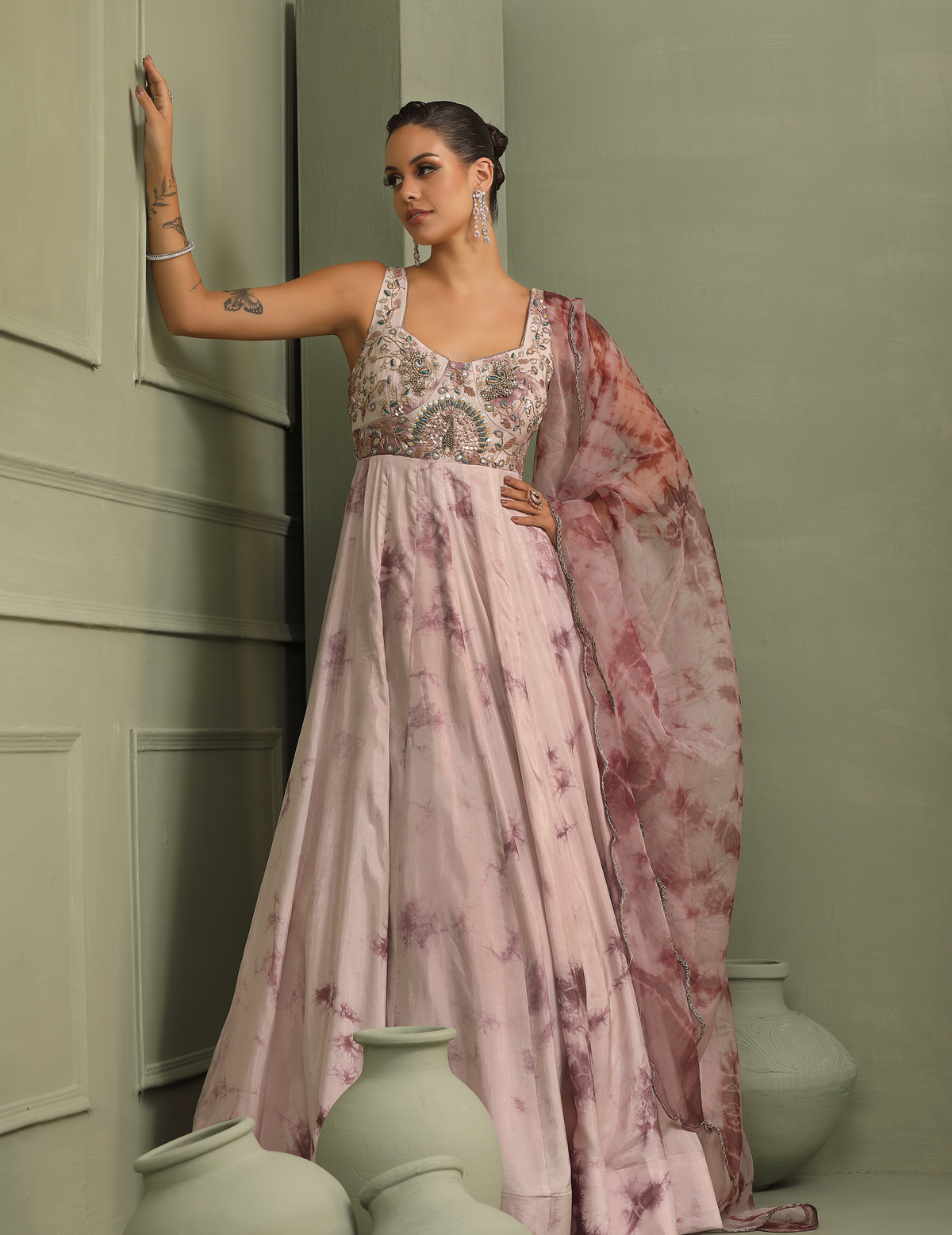 Lavender Tie-Dye Hand-Embroidered Anarkali Gown With Dupatta