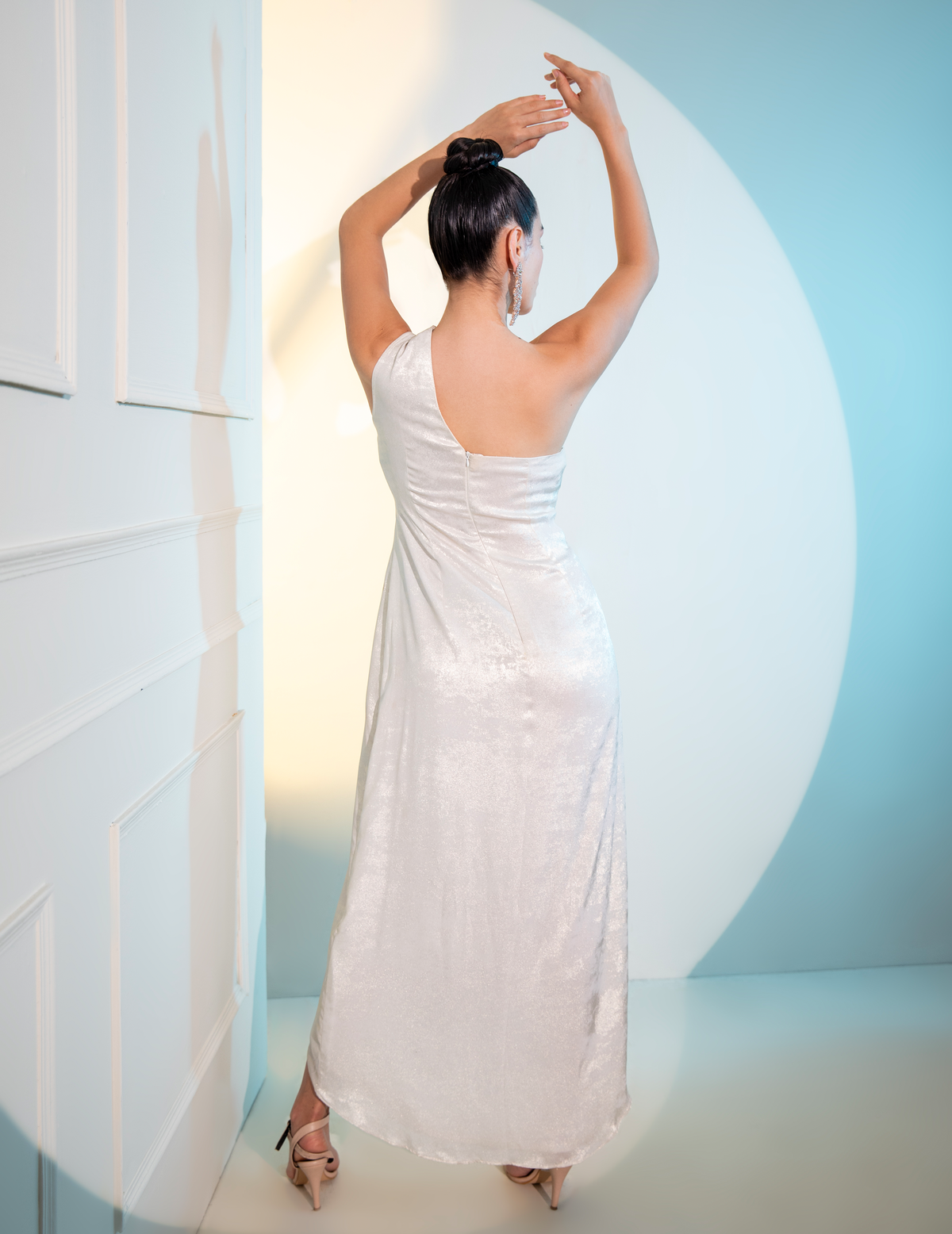 Blue Metalica Draped Midi Gown