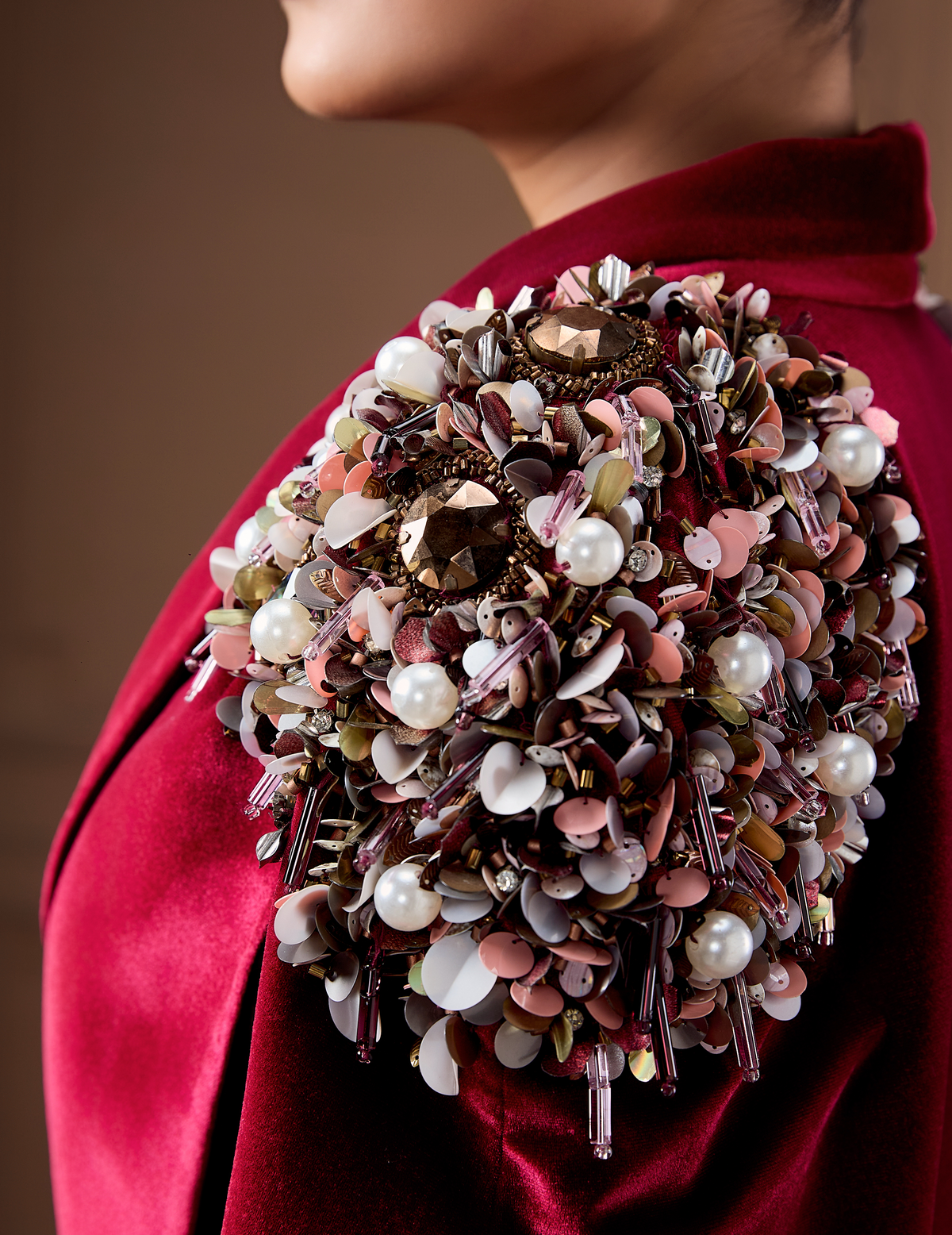 Wine Velvet Cape With Glass Cowl Bustier And Drape Skirt