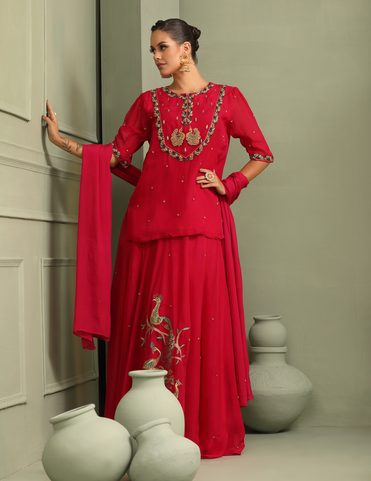 Rani Pink Peacock Embroidered Lehenga-Short Kurti & Duppata Set