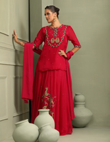 Rani Pink Peacock Embroidered Lehenga-Short Kurti & Duppata Set