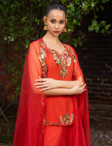 Vermilion Hand-Embellished Kurti Palazzo & Cape