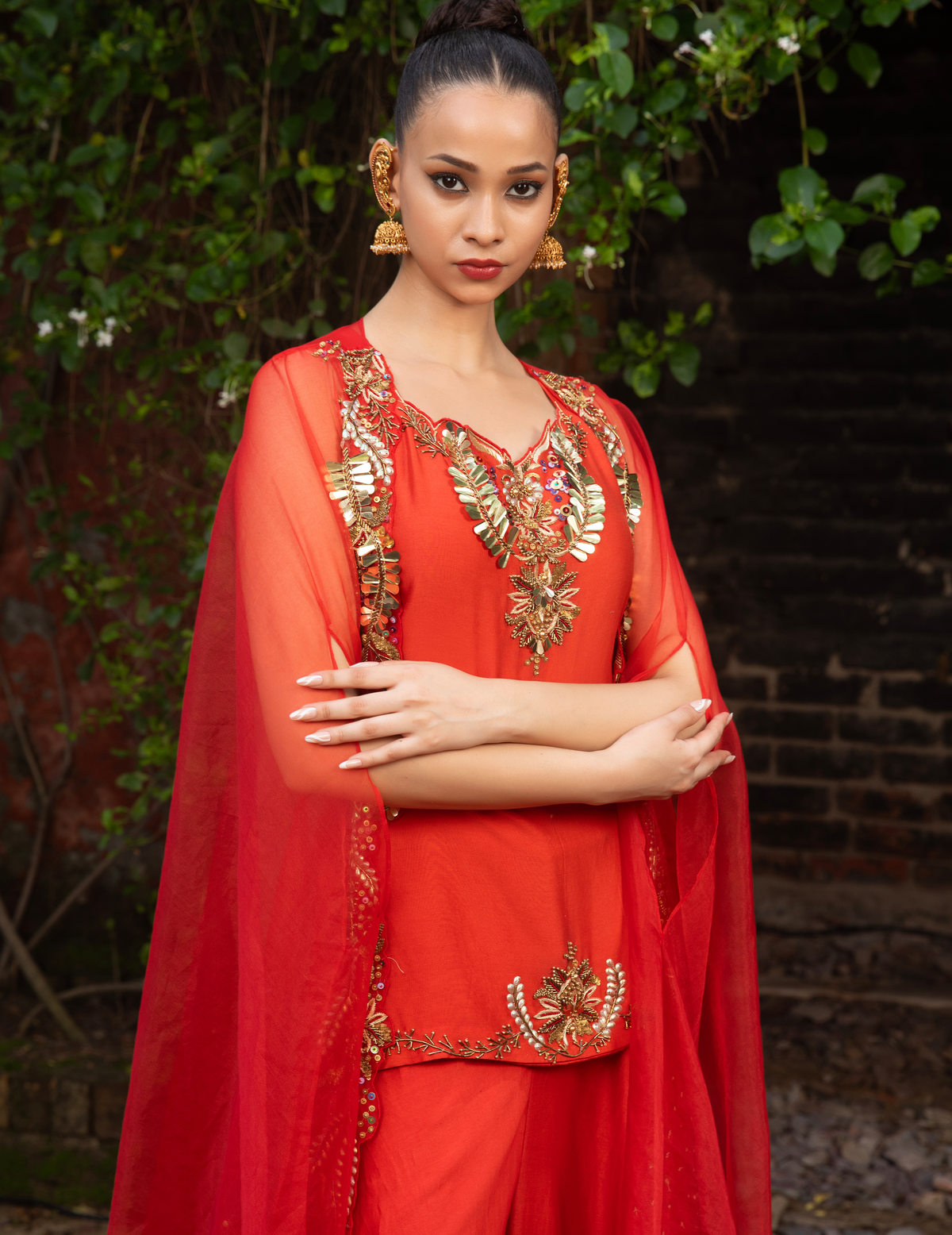 Vermilion Hand-Embellished Kurti Palazzo & Cape