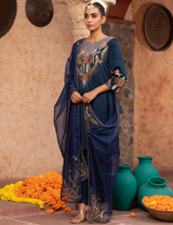 Navy Blue Floral Motif Anarkali Set