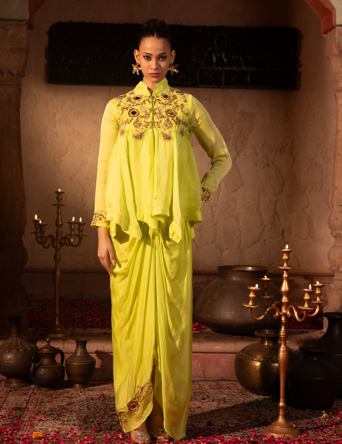 Lime Kalidar Asymmetric Top & Draped Skirt