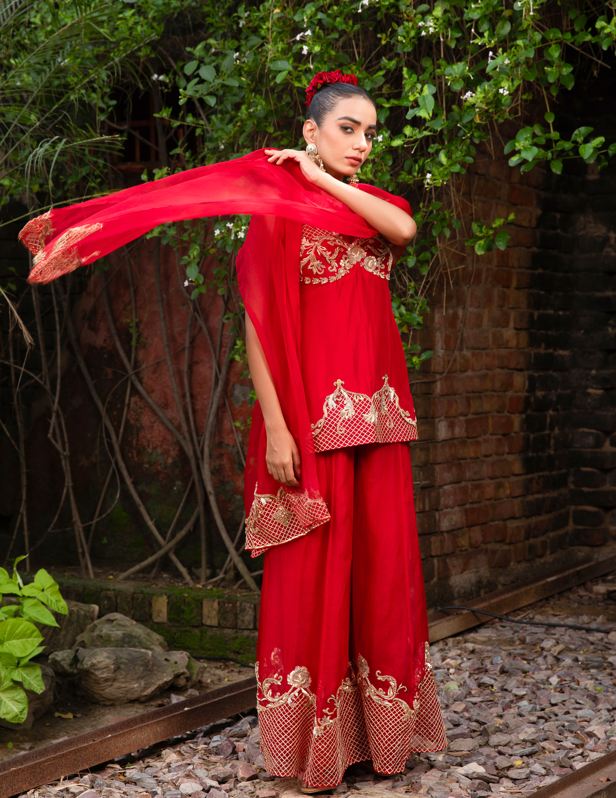 Rococco Inspired Scarlet Corset Peplum Top & Palazzo