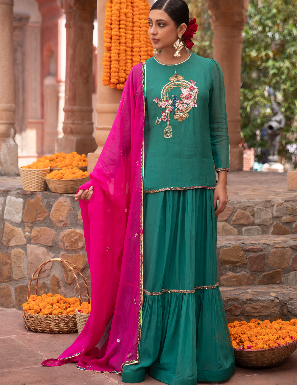 Jade Green Organza Bird Kurti Lehenga