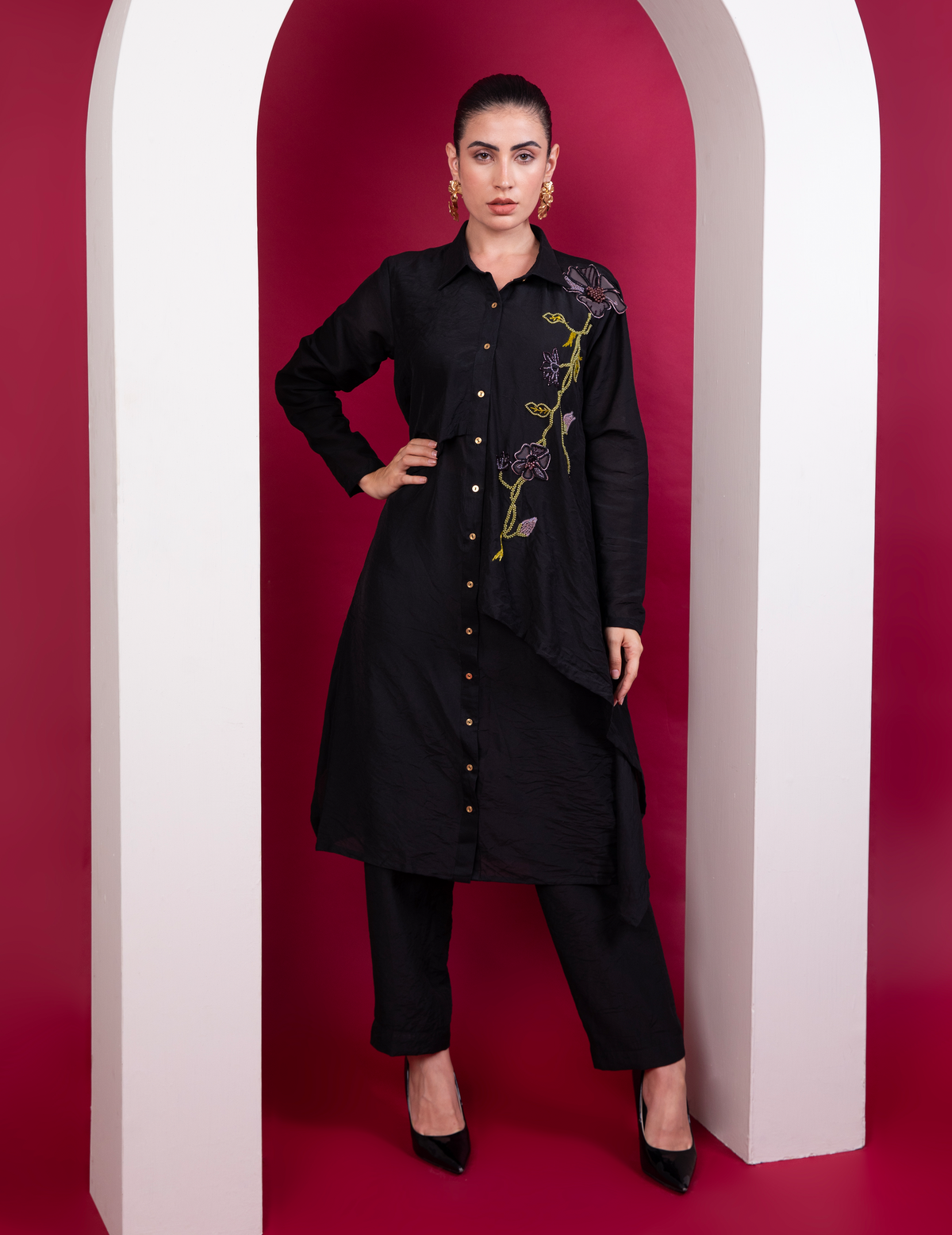 Black Layered Long Shirt Co-Ord Set