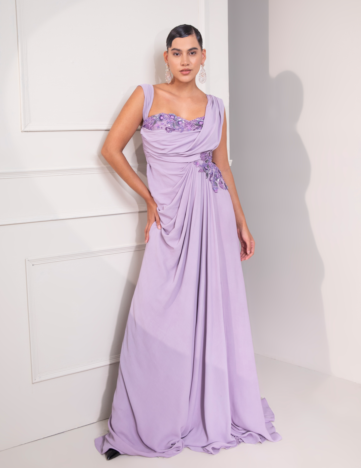 Pastel Lilac Draped Cocktail Gown