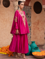 Fuschia Pink Chanderi Kathiavadi Top & Midi Skirt
