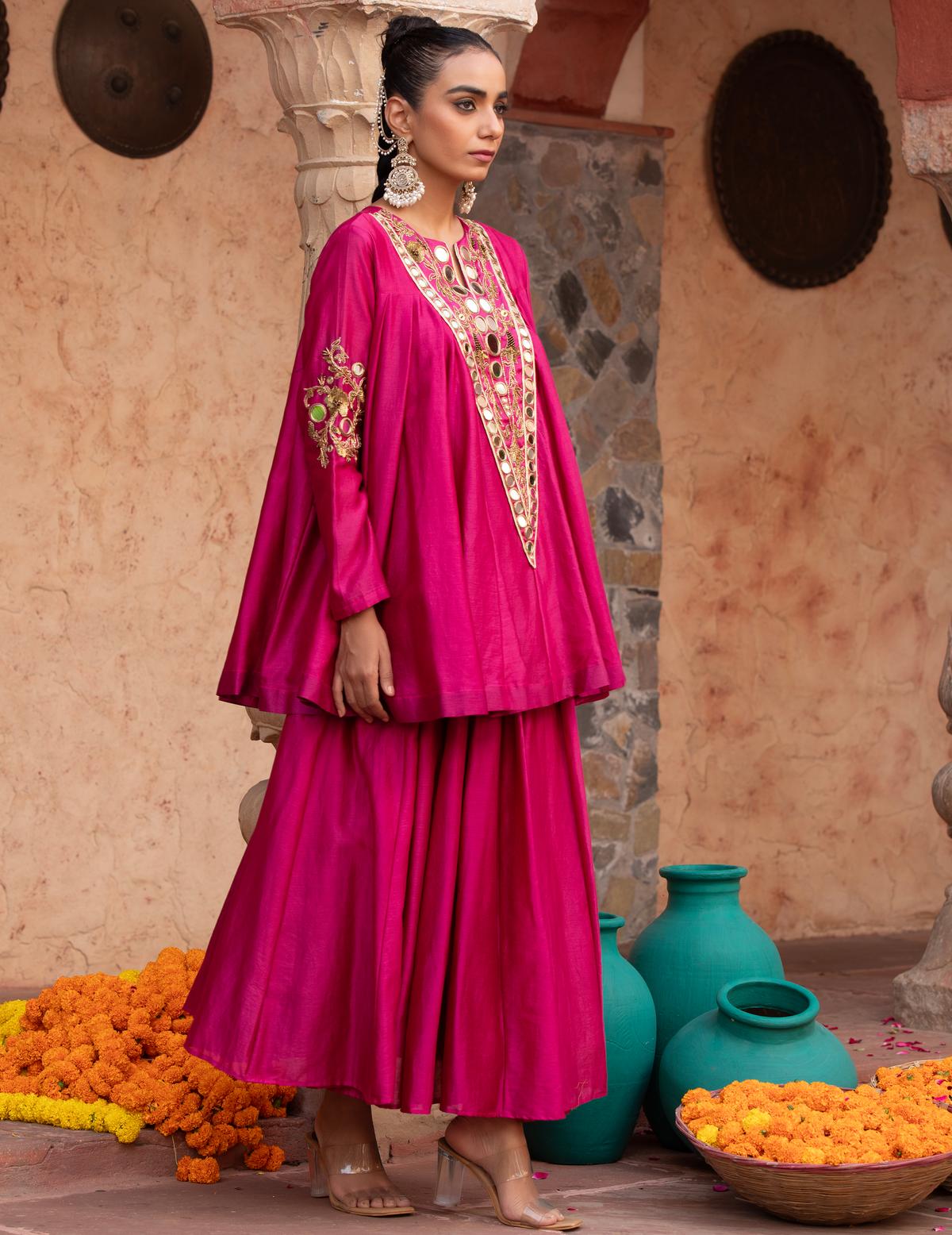 Fuschia Pink Chanderi Kathiavadi Top & Midi Skirt
