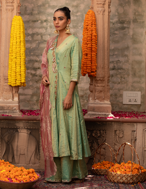 Mint Green Tissue Zari Paisley Anarkali Set