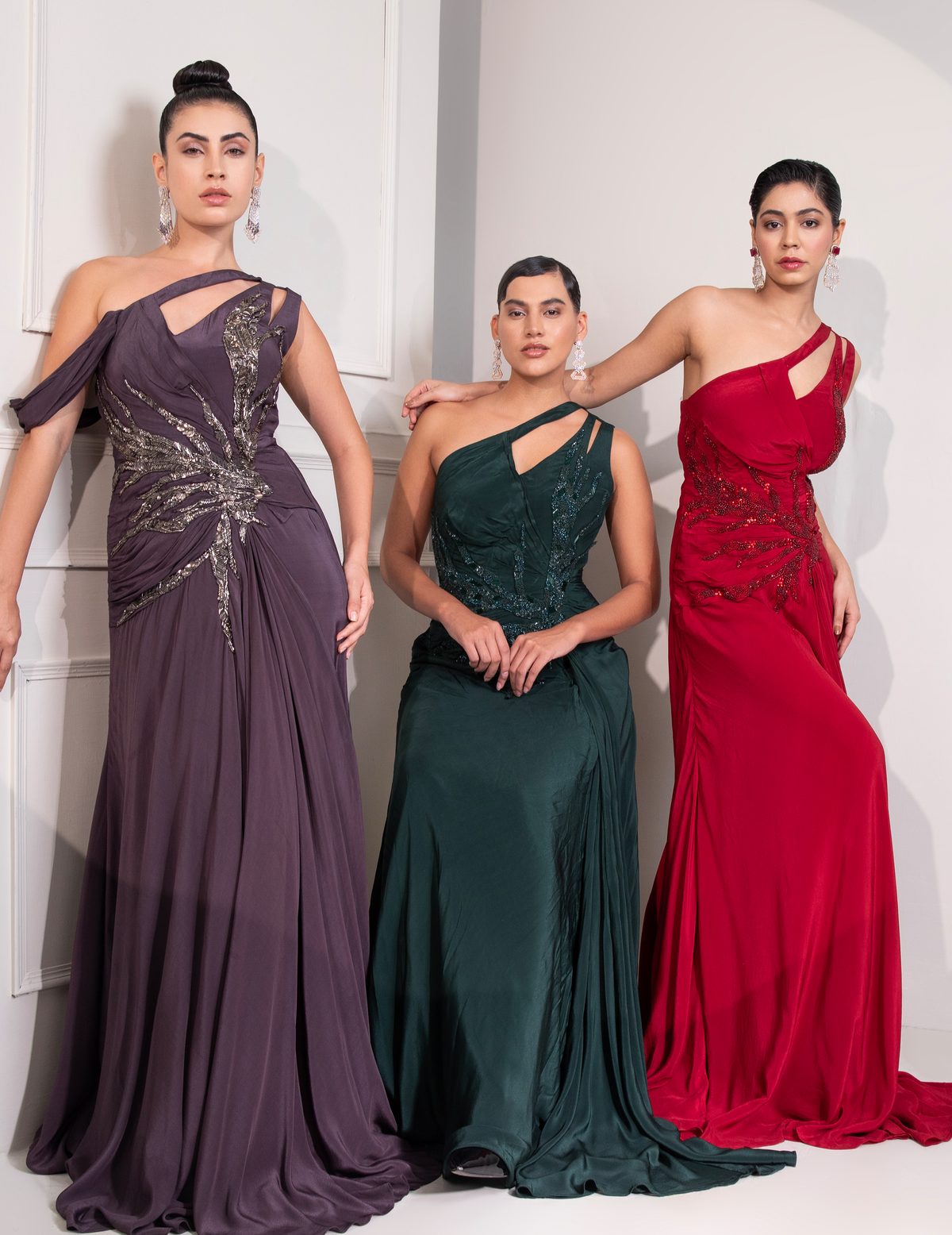 Ruby Red One Shoulder Draped Cocktail Gown Abstract Work