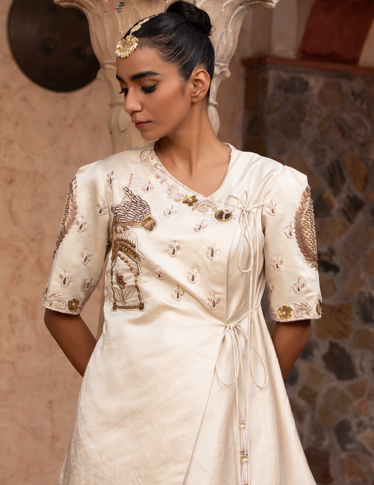 Ivory Rococco Asymmetric Angrakha With Drape Skirt