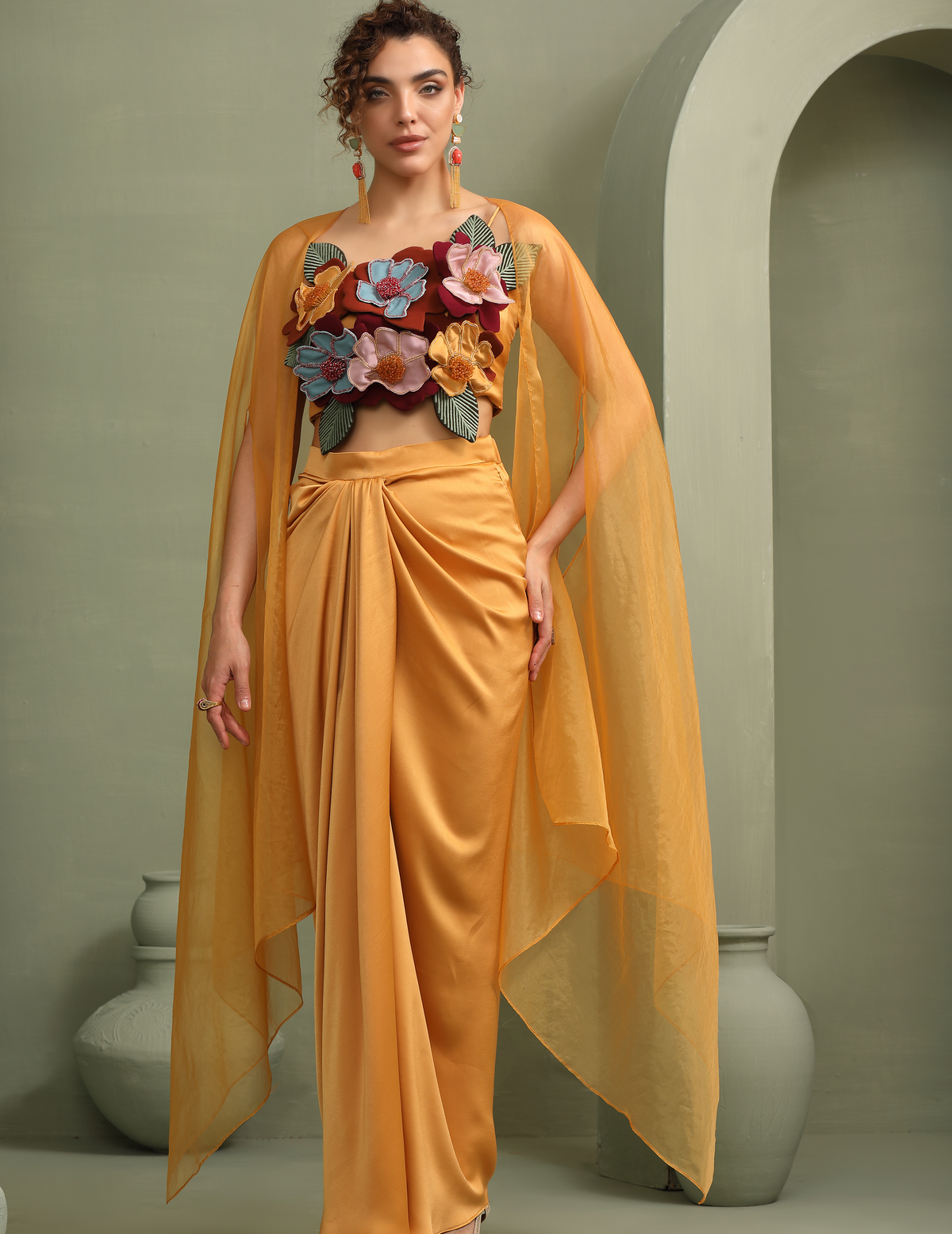 Mustard Draped Skirt-Cape & 3D Hand-Made Colour Block Flower Set