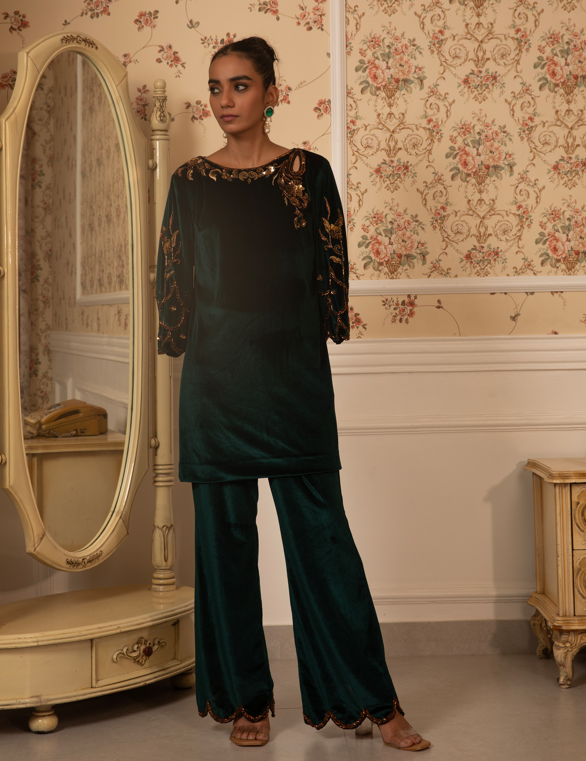 Emerald Baroque Work Velvet Kurti & Palazzo