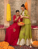 Parrot Green Organza Jharoka Applique Peplum Lehenga