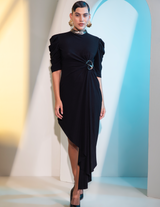 Coin Hi-Neck Draped Asymmetric Dress With Cowl Sleeves