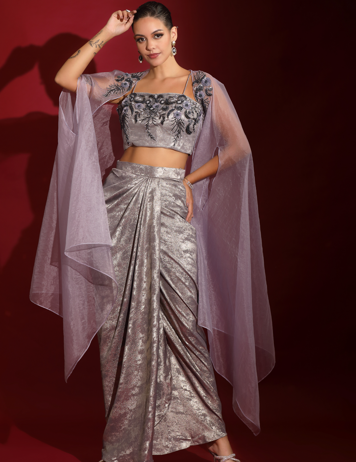 Purple Metallica Embellished Bustier With Drape Skirt And Organza Cape