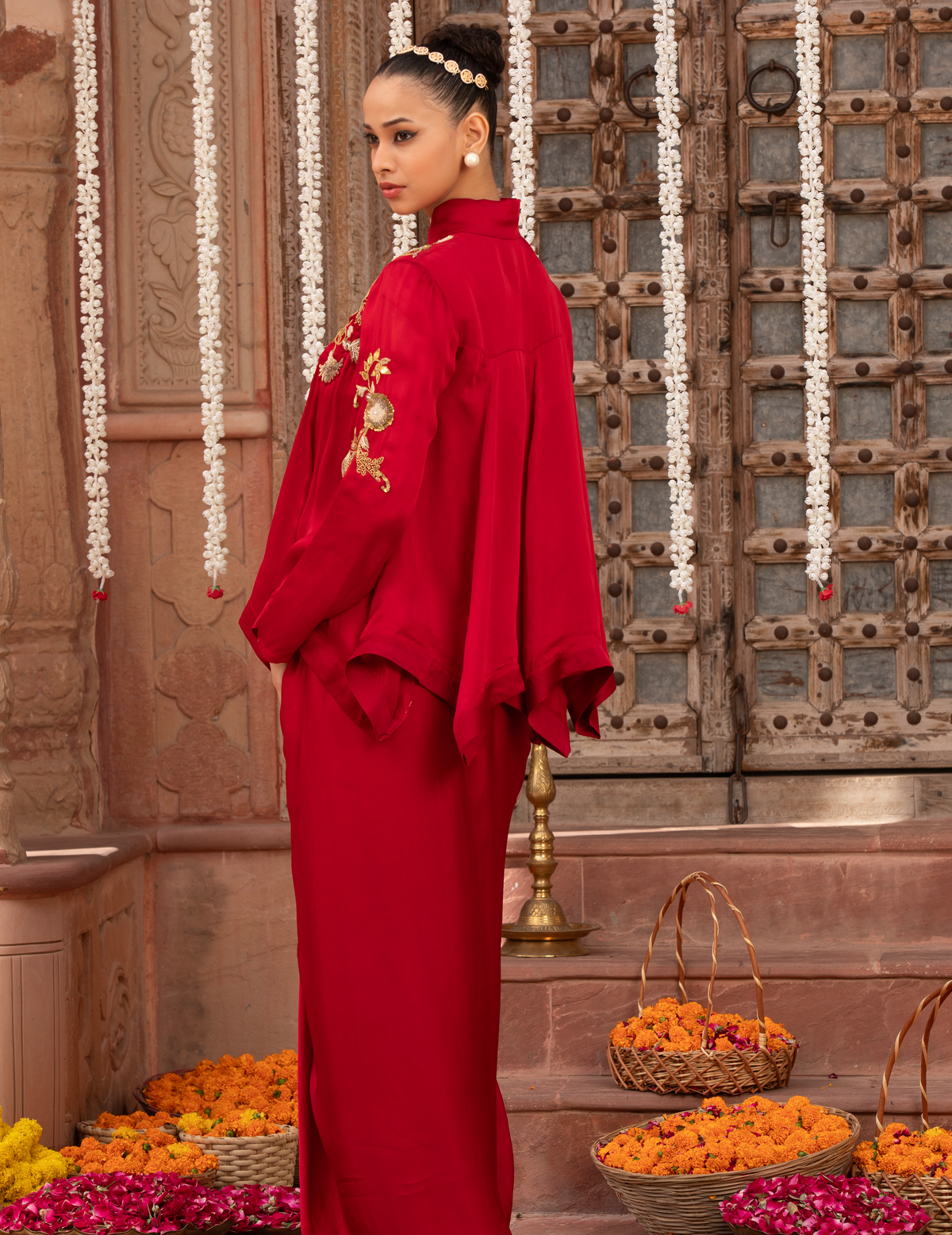 Scarlet Red Kalidar Asymmetric Top & Drape Skirt