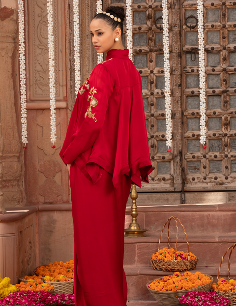 Scarlet Red Kalidar Asymmetric Top & Drape Skirt