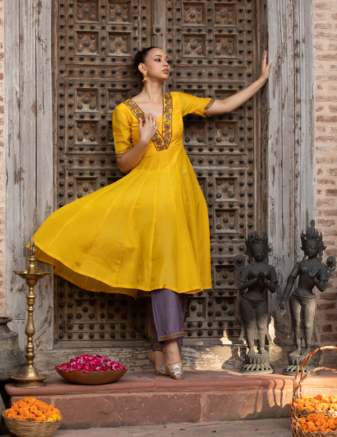 Mustard Lavender Anarkali Set