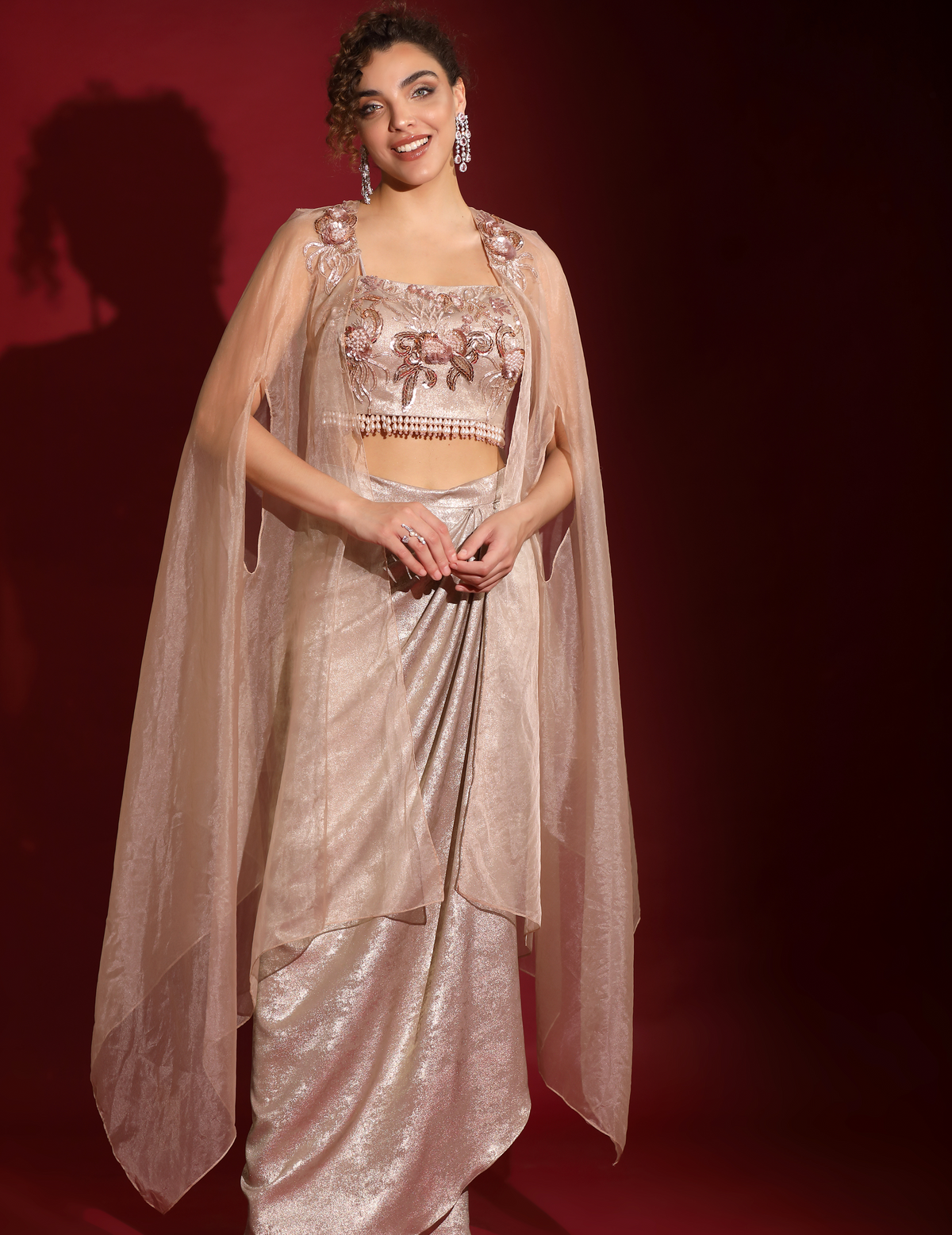Metallic Rose-Gold Foil & Sea Life Embroidered Crop-Top Draped Skirt-Cape Set
