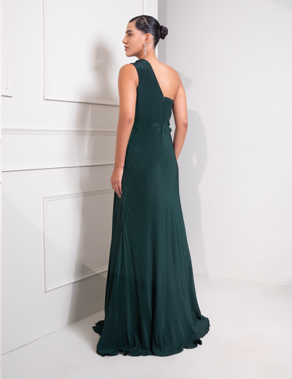 Bottle Green One Shoulder Draped Cocktail Gown Abstract Work