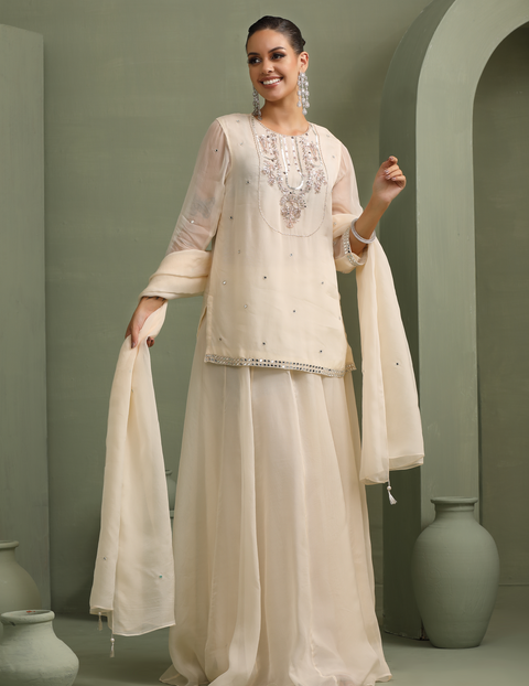 Ivory Hand-Embellished Short Kurti With Mirror-Work Lehenga & Dupatta Set