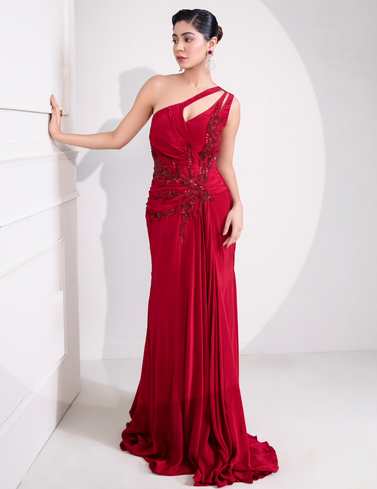 Viva Magenta Draped Cocktail Gown With Embellished Corset