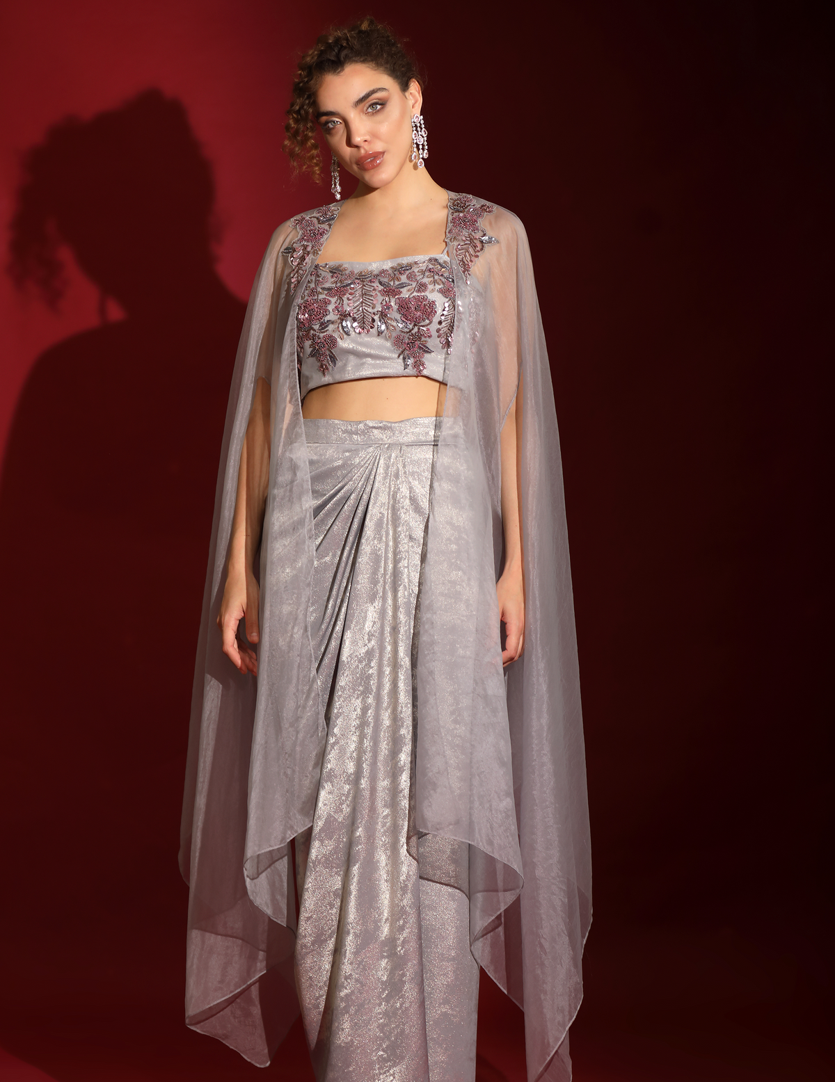 Metallic Grey Foil & Sea Life Embroidered Crop-Top Draped Skirt-Cape Set